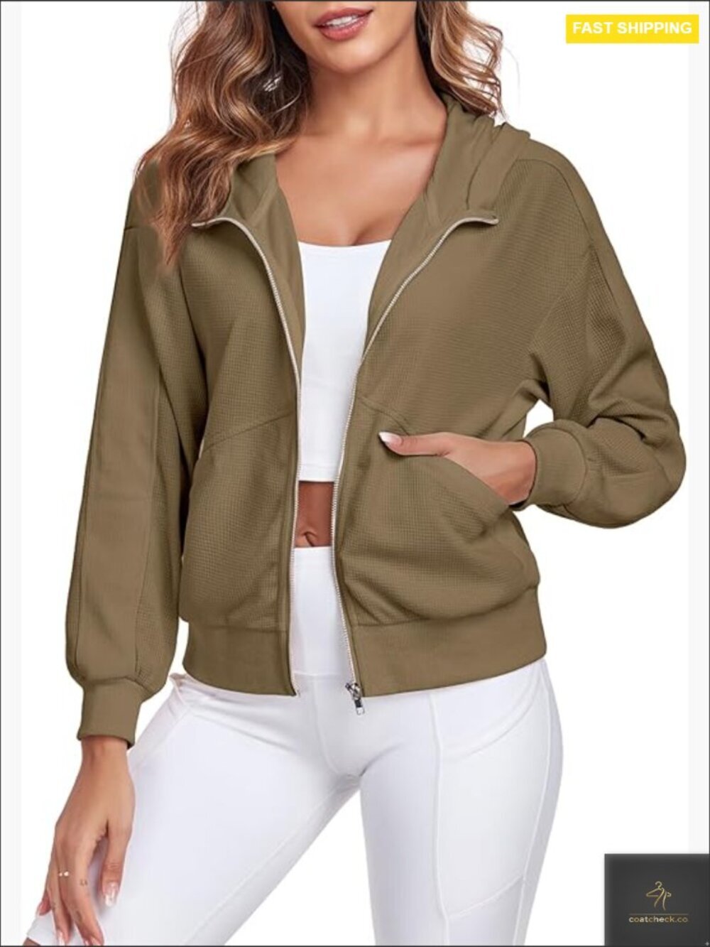Cropped Waffle Jacket Oversized Zip Up Long Sleeve Batwing Y2K Hood Jacket